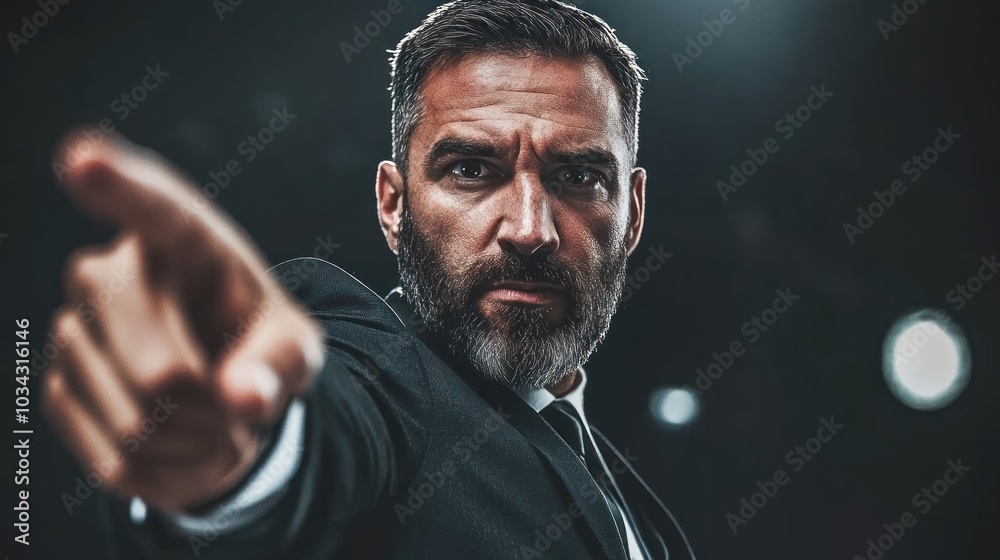 Poster close-up portrait of a man in a suit, pointing his finger and looking directly at the camera