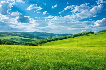 Obraz premium A vibrant green valley stretches out beneath a clear blue sky dotted with fluffy clouds, showcasing the beauty of nature on a sunny day.