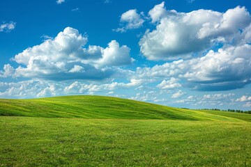 Fototapeta premium A vibrant expanse of green hills stretches under a clear blue sky adorned with soft, fluffy clouds. The sunny weather enhances the picturesque landscape.