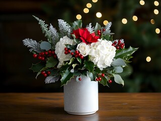 A white vase with red berries and white flowers © Janie