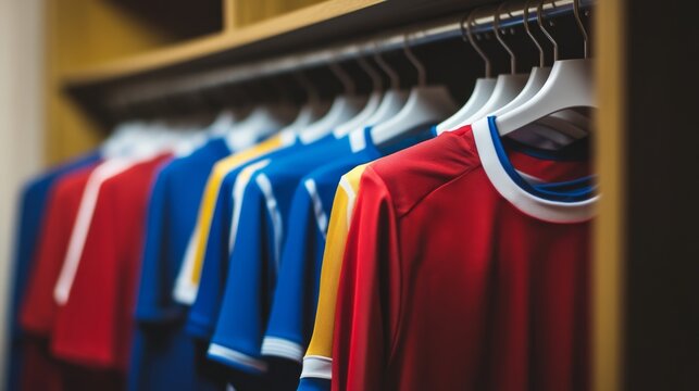 Close-up of soccer jerseys hanging in a locker room, symbolizing the unity and camaraderie among team members.