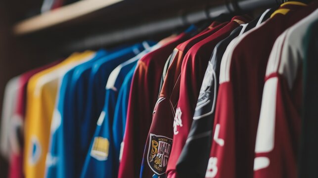 Close-up of soccer jerseys hanging in the locker room, with motivational slogans and team emblems representing unity and pride before a big game that promises excitement.