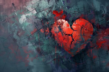 A vivid red broken heart stands out against a moody, textured background, symbolizing heartbreak...