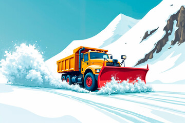 Illustration of yellow snow plow truck clearing snow on a mountain road in winter landscape
