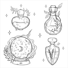 mystical vessels with potions doodle set. magical decor. hand-painted glass vessels