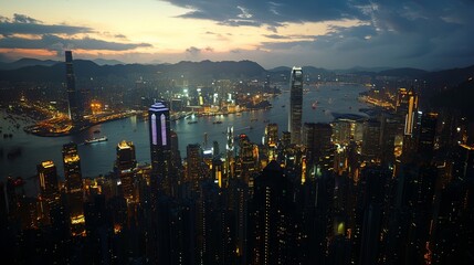 Fototapeta premium Aerial view of a bustling city skyline at night.