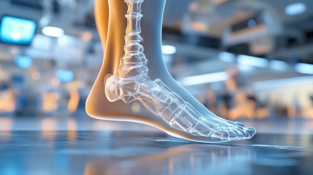 The image illustrates a transparent human foot, showcasing its intricate anatomical features