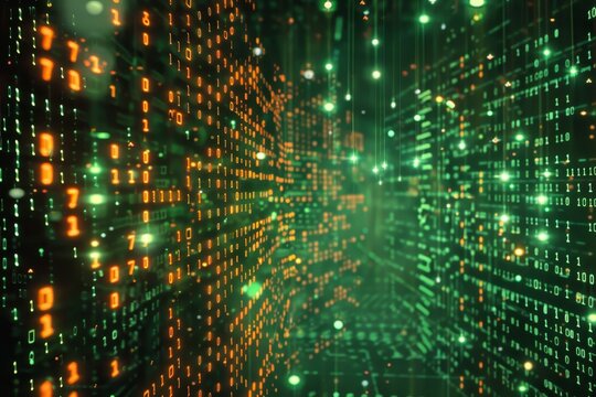 Cascading binary code in green and orange fills a digital environment, illustrating the concept of data flow and technology in a vibrant, futuristic setting.
