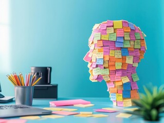 Design a vibrant office desk setting with sticky notes formed into a human head, showcasing teamwork