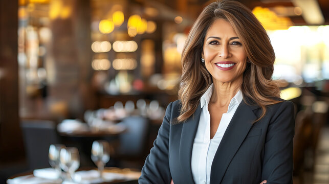 Confident businesswoman in blazer smiling at upscale restaurant