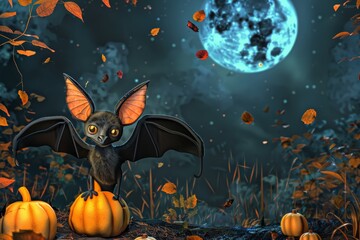 Fototapeta premium A small bat with large ears stands on a pumpkin amidst fallen autumn leaves while illuminated by a bright full moon in a dark night sky.