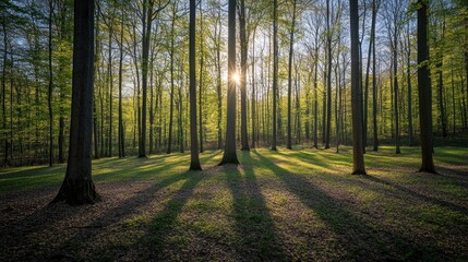 Obraz premium Sun shining through the trees in a forest with long shadows.