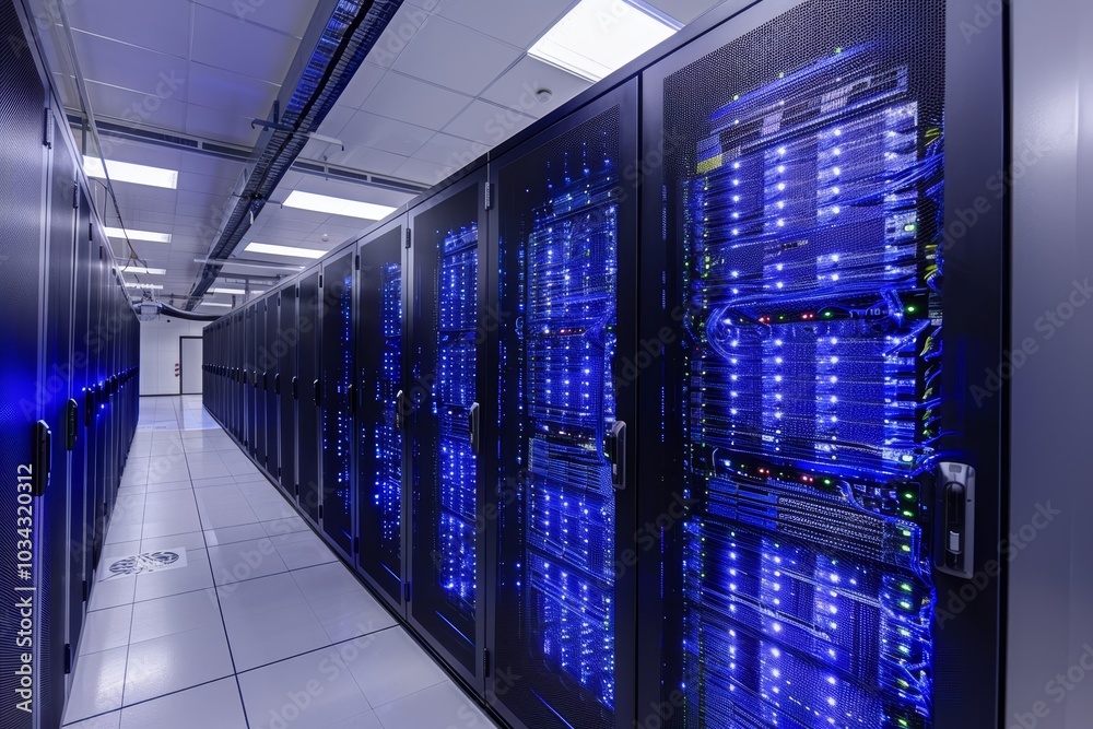 Poster a spacious data center filled with rows of sleek server racks brightly lit with blue lights creates 