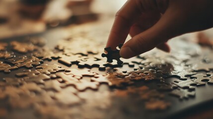 A Hand Placing a Puzzle Piece into a Wooden Jigsaw Puzzle