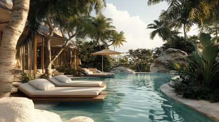 Obraz premium Poolside beds at a resort, perfect for a holiday getaway. -