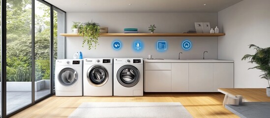 Modern laundry room with three washing machines, a countertop with two sinks, a wooden shelf, a potted plant, and a rug.