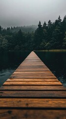 Fototapeta premium A peaceful wooden dock leads into a still lake, bordered by vibrant green trees and softly reflecting the blue sky overhead, creating a serene and calming atmosphere