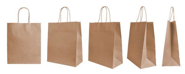 Set of different angles, various perspectives blank brown craft paper bags isolated on white,...