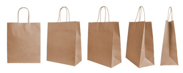 Set of different angles, various perspectives blank brown craft paper bags isolated on white, transparent  background. Eco friendly shopping bag made from recycled paper. Mockup, template
