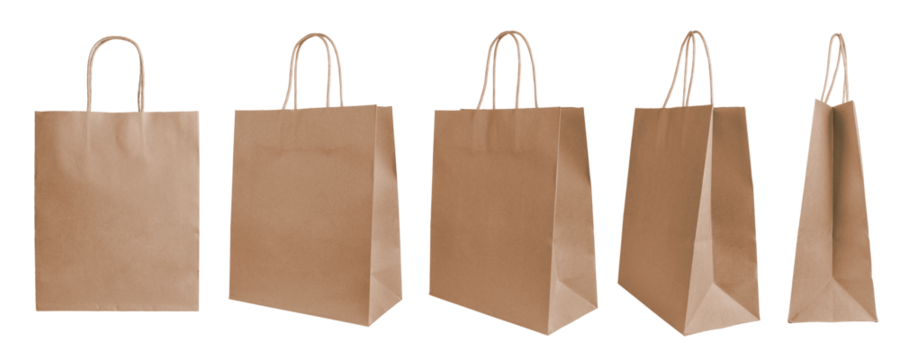 Set of different angles, various perspectives blank brown craft paper bags isolated on white, transparent  background. Eco friendly shopping bag made from recycled paper. Mockup, template