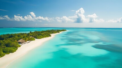 Obraz premium Aerial view of a tropical beach paradise with turquoise waters. 