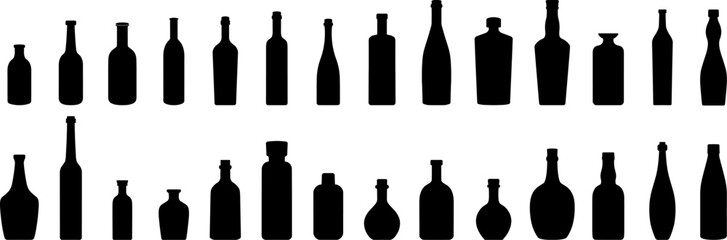 Set of Various bottles Black silhouette vector illustration.