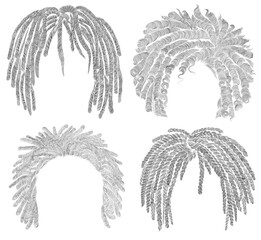 set of  different afro  hairstyle.
dreadlocks cornrows round disheveled curly hairs .
 fashion beauty african style . fringe  pencil drawing sketch .