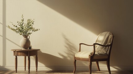 Fototapeta premium Vintage armchair and table with a vase, placed in a cozy living room with light walls.