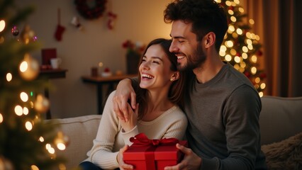 Couple celebrating Christmas together with a gift, surrounded by festive decorations in a cozy living room