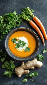 Vertical format, Warm carrot ginger soup garnished with fresh cilantro and served with carrots and ginger on a dark stone surface