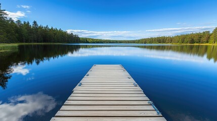 Obraz premium A peaceful wooden dock leads into a still lake, bordered by vibrant green trees and softly reflecting the blue sky overhead, creating a serene and calming atmosphere.