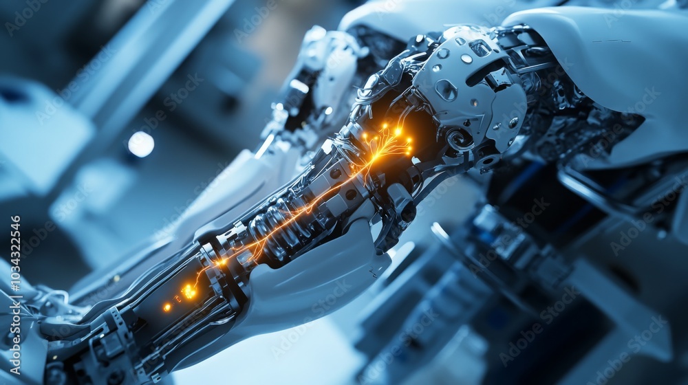 Poster The robotic arm features advanced engineering with exposed components and illuminated circuits, reflecting cutting-edge technology