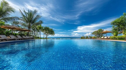 A bright blue swimming pool offering a relaxing vacation atmosphere. 
