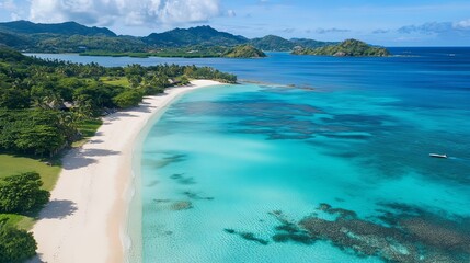 Obraz premium Aerial view of a tropical beach paradise with turquoise waters. 