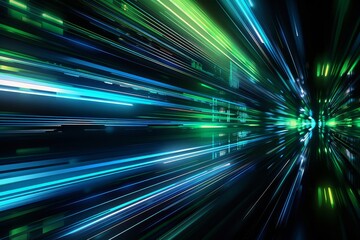Streams of vivid green and blue light race through a dark expanse, creating an abstract representation of movement, speed, and advanced technology in a digital landscape.