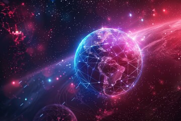 This artwork illustrates Earth illuminated by colorful, glowing lines and dots, symbolizing connectivity and technology amid a starry, expansive universe.