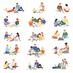 People Play Board Games Spend Time Together Big Vector Set