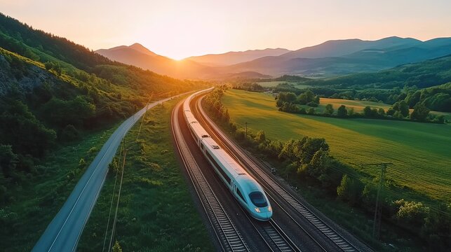 Aerial view of modern high speed train moving near alpine mountains and green fields, bike path at sunset in spring. Top view of train, railroad, road, meadows in summer. Railway station in Croatia.