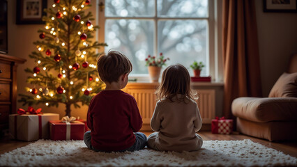 Two children sitting on a rug in a cozy room, looking out the window beside a decorated Christmas tree with presents, holiday wonder