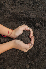Child holding soil and plant in hands. Selective focus.