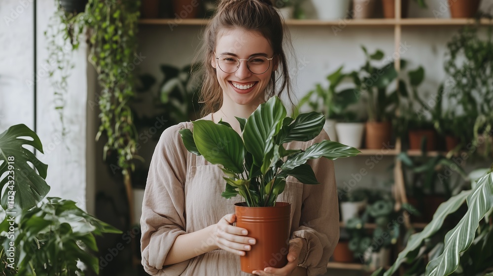 Sticker A woman holds a potted peace lily in a vibrant plant shop, surrounded by lush greenery during daylight hours