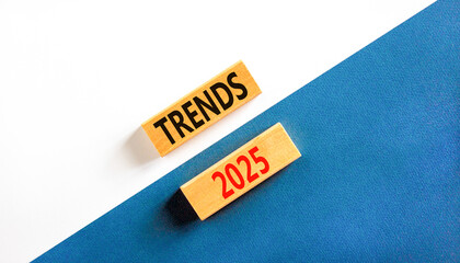 Planning trends 2025 new year symbol. Concept words Trends 2025 on beautiful wooden blocks. Beautiful white and blue background. Business trends 2025 new year concept. Copy space.