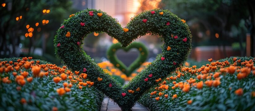 A heart shaped topiary surrounded by orange flowers and a smaller heart shaped topiary in the background.