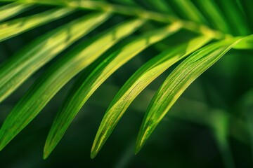 The sunlight filters through lush palm fronds, casting intricate shadows and showcasing the rich green hues and unique textures of the leaves in a serene environment.