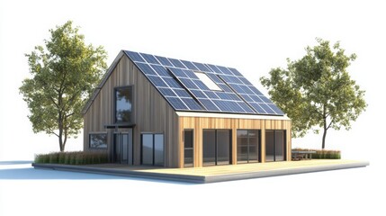 A modern eco-friendly house equipped with solar panels, which are connected to an energy storage unit that powers the heating system inside the home