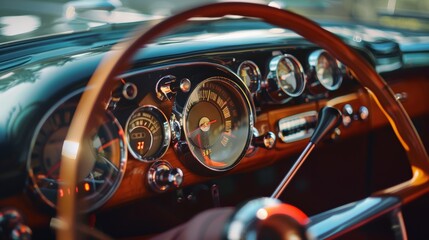 The handcrafted dashboard of a classic car featuring a of analog dials and glowing indicators reminiscent of a bygone era.