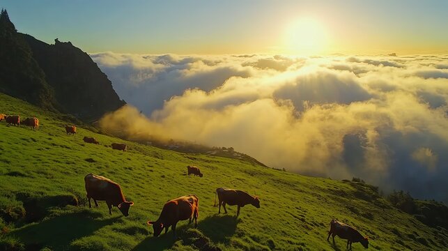 Aerial view of sunrise above clouds and green hills with cows grazing at Fanal mountain, Madeira island, 
