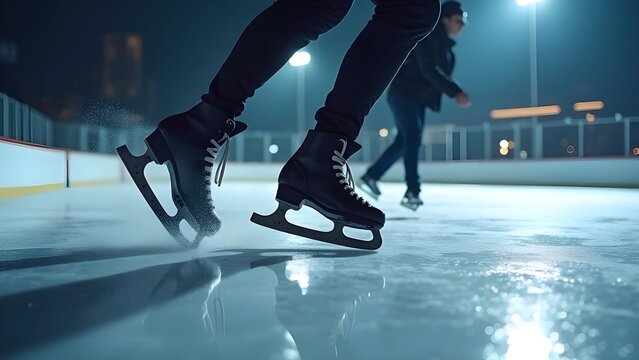 close up of moving dark ice skates on ice rink dynamic angle