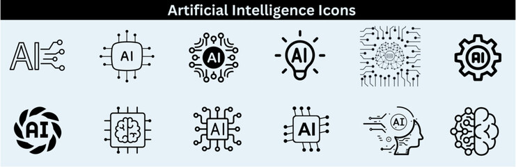 Set of artificial intelligence line icons. Technology, AI, digital, brain, chip etc. Artificial Intelligence Line Editable Icons set—vector illustration in the modern thin-line style of AI technology.