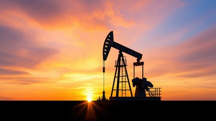 A silhouette of an oil pump jack against a vibrant sunset, symbolizing the energy industry and fossil fuel extraction.